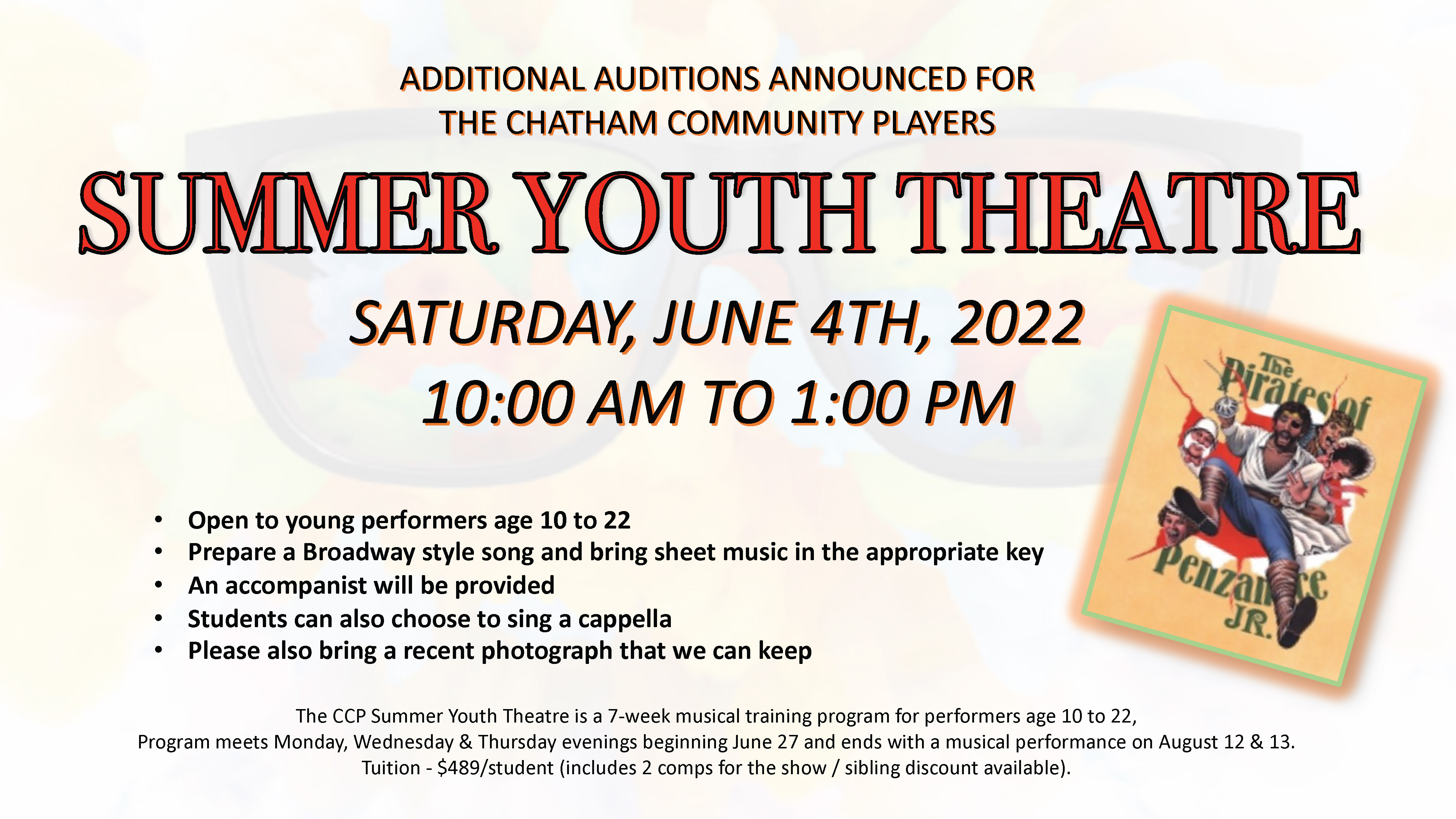 Additional Auditions for SUMMER YOUTH THEATRE Chatham Players